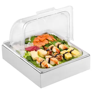 VEVOR Countertop Food Serving Display Container,  1 x 1/2 Pan Stainless Steel Food Serving Tray, Buffet Condiment Dispenser Display Rack with Clear Lid & Ice Tray, for Restaurant Hotel Kitchen Party