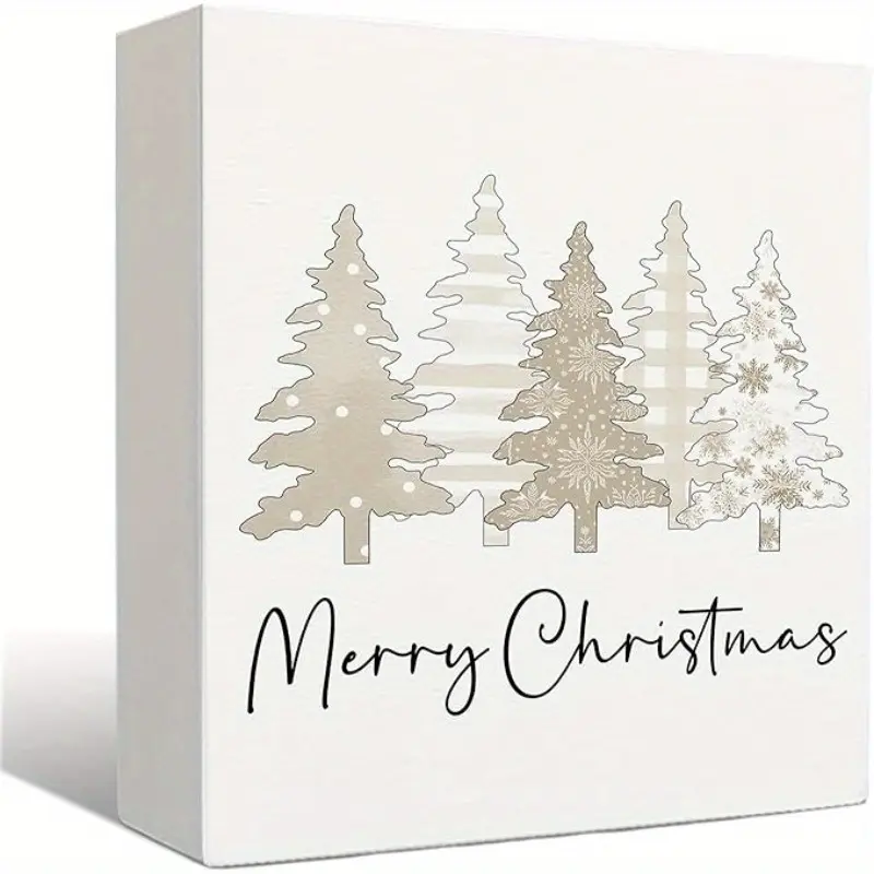 Beige Christmas Wooden Signs - Merry Christmas Wooden Sign, Beige Christmas Tree Wooden Box Sign, Boho Christmas Decor for Home Table Desk Shelf, 5×5 inch