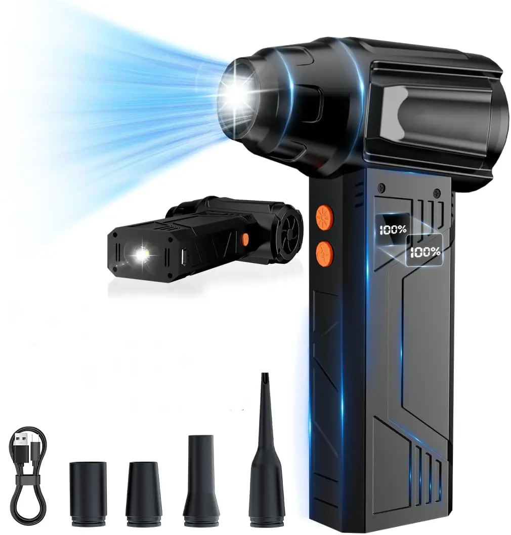 10000mAh Quick-Charge Rechargeable Wireless Mini Blower Compressed Air Duster, 130000RPM, 2 LED Lights, 4 Modes, Ultra-Lightweight Keyboard Cleaning Tool with Cleaning Brush for PC, Home (Black)