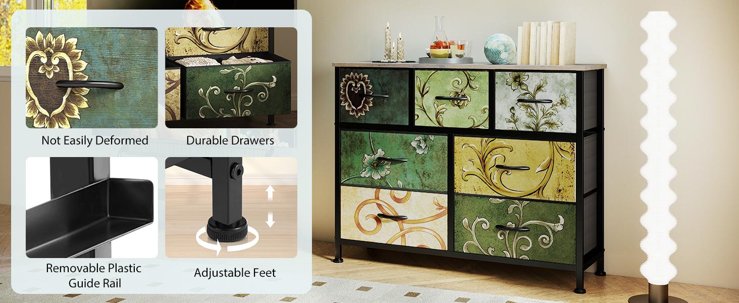 7 Drawer Fabric Storage Dresser with Wood Top, Floral Pattern Organizer Tower for Bedroom, Living Room, Hallway, Entryway