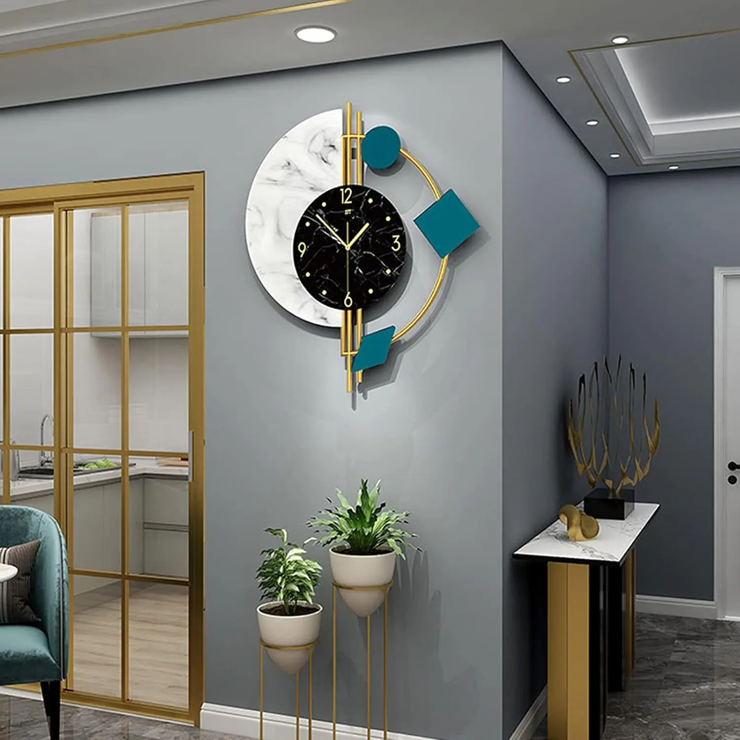 22" Marble Wall Clock Nordic Style Creative Luxury Wall Clock Silent Non-Ticking Silent Battery Operated Living Room Mid Century Decorative Big Clock Iron Aluminium