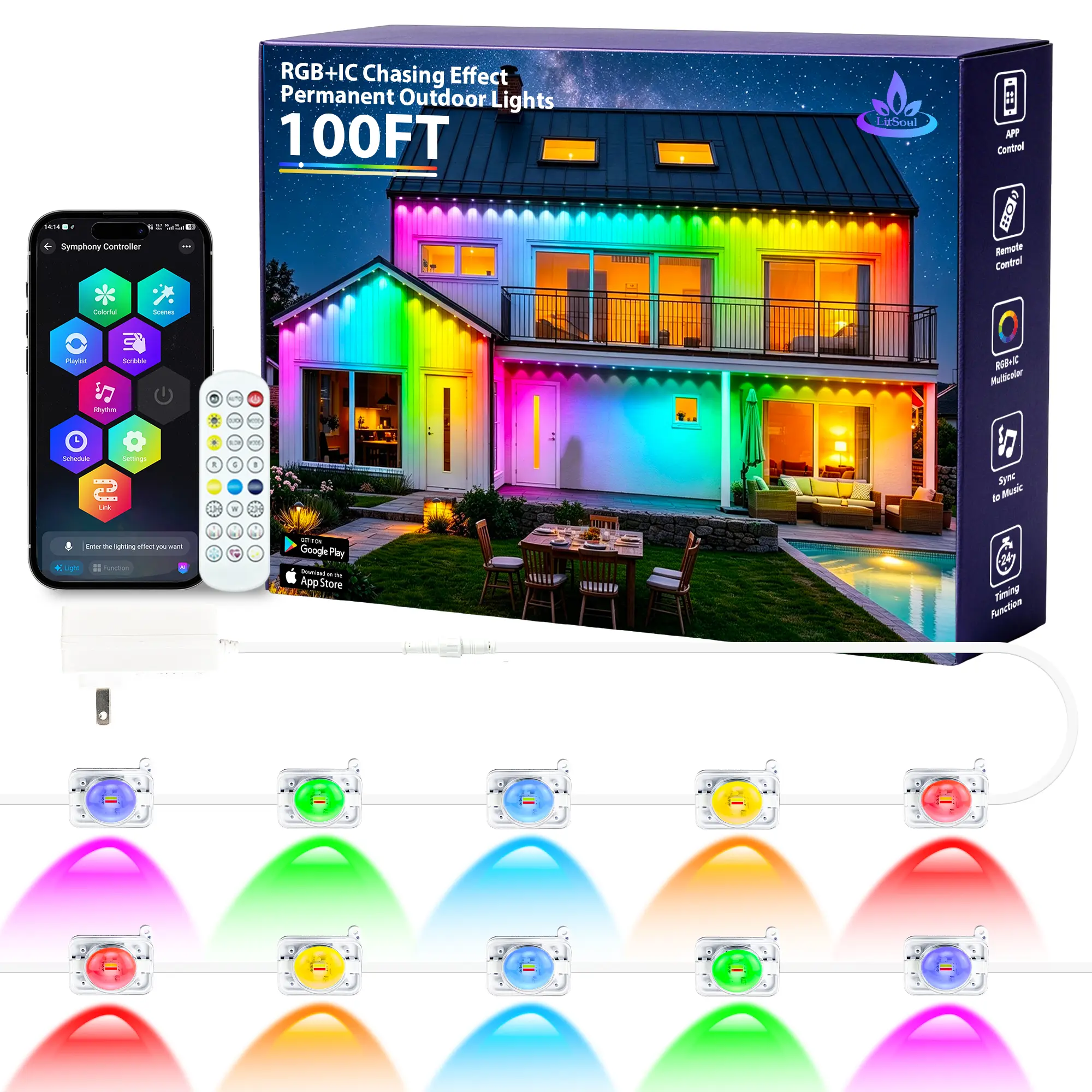 Permanent Outdoor Lights, Smart RGBIC Eaves Lights, IP67,  Intelligent Rainbow Color Light, Suitable For Holidays, Christmas, Halloween Decorations,Daily Lighting, WiFi Wireless APP Voice Control With Remote Control