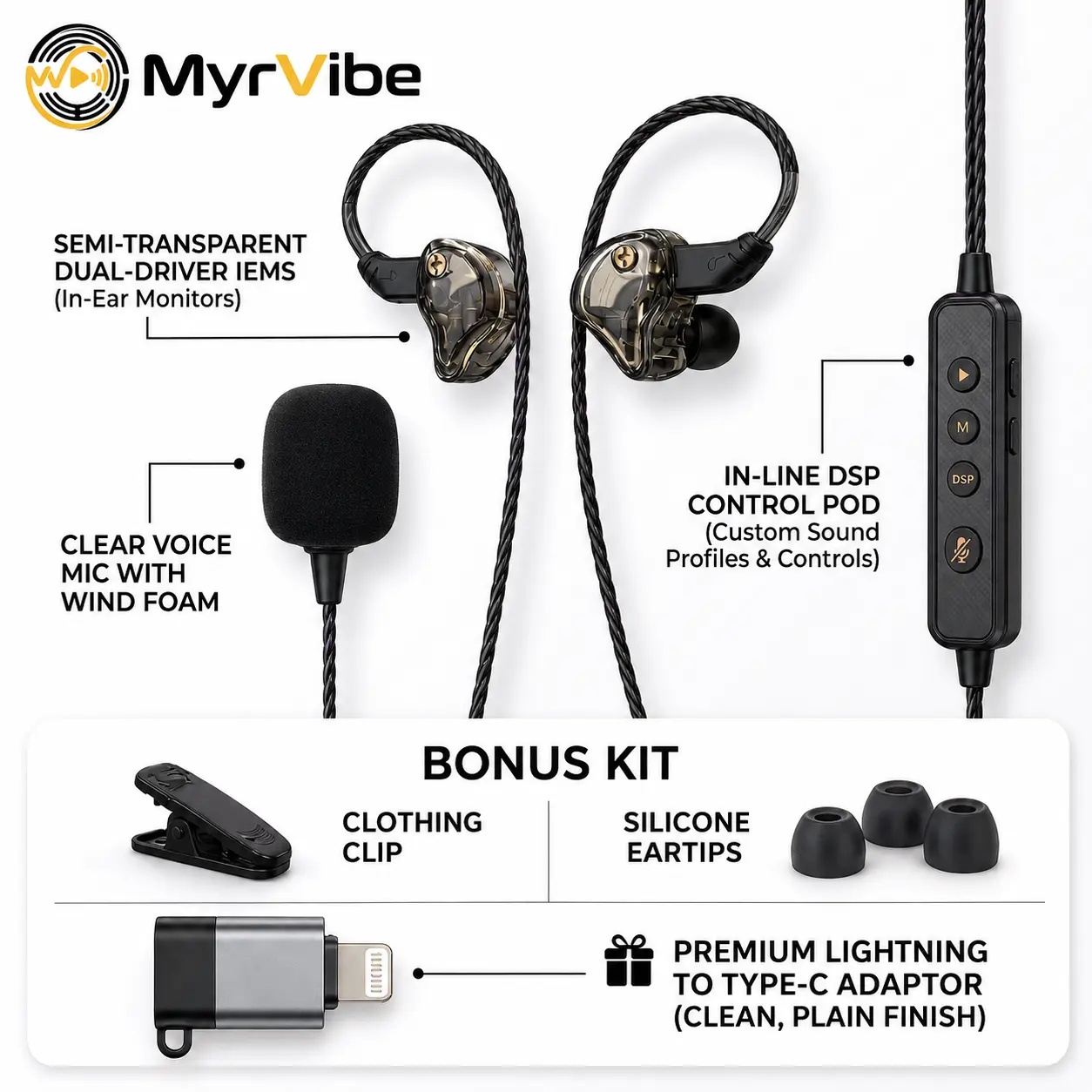 MYRVIBE KM09 Ultra Karaoke Sound Card Noise-Cancelling Wired Headphones Built in In-Ear Monitoring | Voice Changer | Reverberation |Sound Card Top-notch Microphone II Free Gift iOS Lightning Adapter