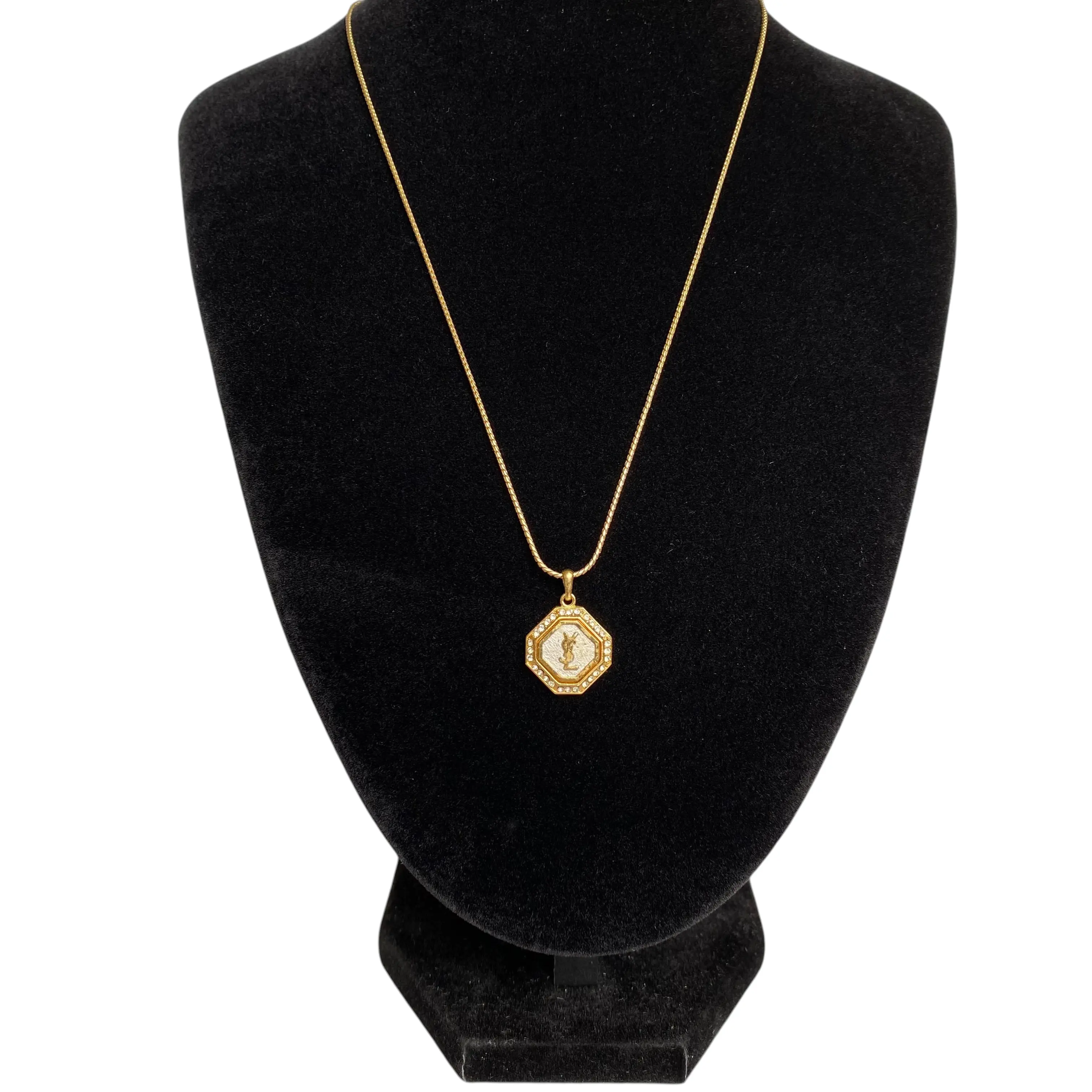 Pre-owned FINAL SALE NO RETURN NO CANCEL Yves Saint Laurent YSL logo pendant adjustable gold plated necklace Authentic with COA