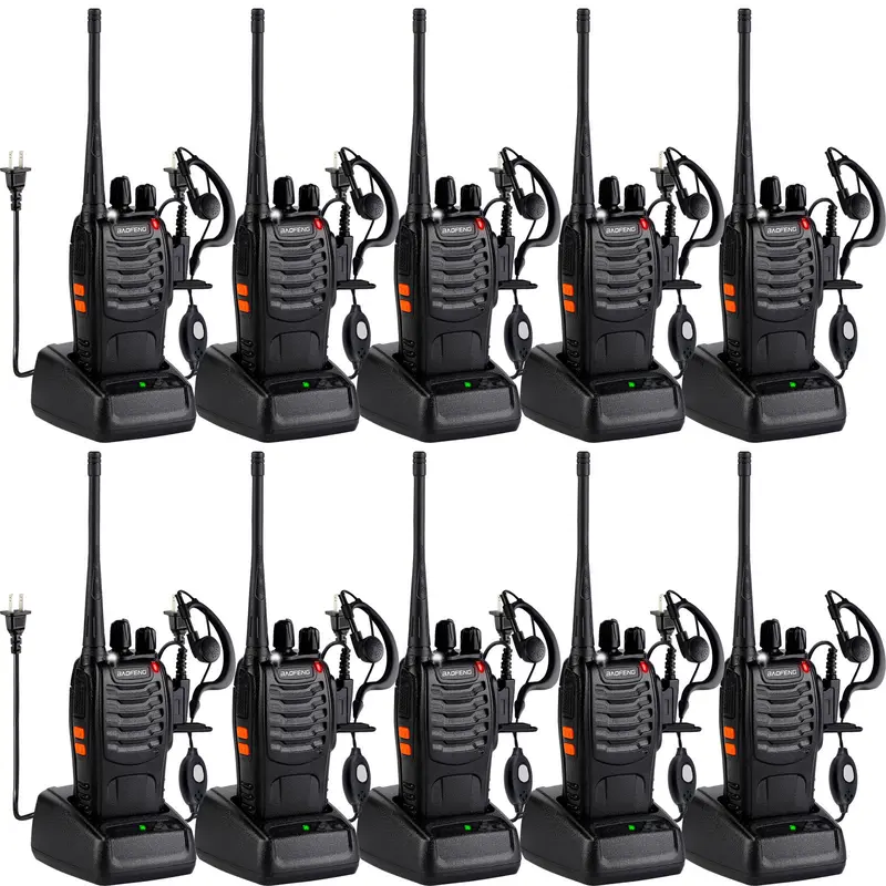 Baofeng Walkie-Talkie 888S Audio Walkie-Talkie, (10 units with 10 headsets) rechargeable with a 1-3 km long-range distance, 16-channel professional handheld two-way communication, built-in flashlight, comes with a lithium battery and charger.