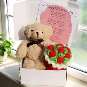 Mother's Day Bear Gift Set Crochet Flower Bouquet Greeting Card Plush Bear Gift Box Soft Cuddly Gift for Mom Wife Grandma Mother's Day Gift