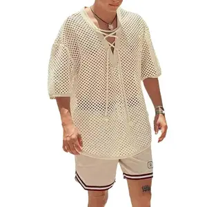 Men’s Lace-Up Beach Shirt — Hollow-Out V-Neck, Short Sleeves, Knitted/Crocheted Sheer Summer Top