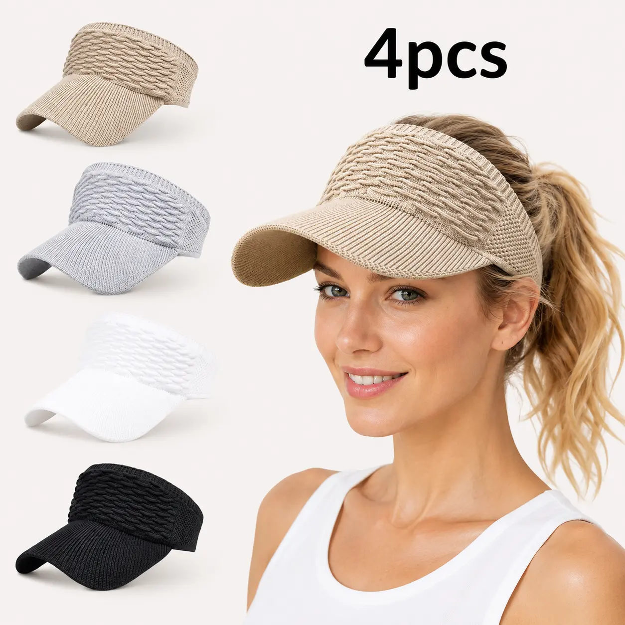 4-Pack Women’s Open Top Sun Visor Hats, Wide Brim Ponytail Athletic Caps, Breathable Adjustable Visors for Golf Tennis Beach Running