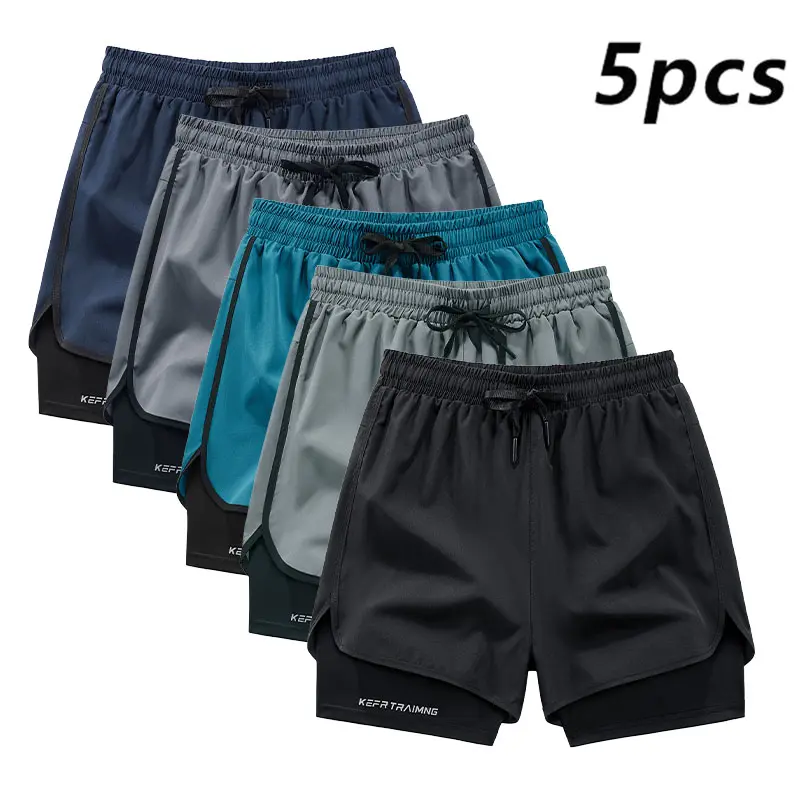 Men's five-piece set of sports , featuring a sporty functional style, faux two-piece design, quick-dry fabric, drawstring elastic waistband, suitable for gym, running, and everyday casual wear, available in multiple colors Men's Casual Breathable  Shorts
