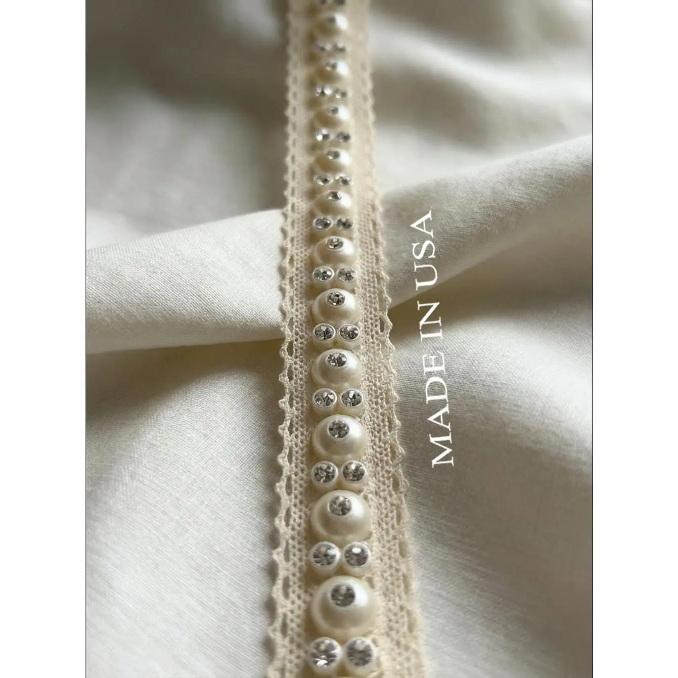 Ivory Pearl and Rhinestone Trim with Self Adhesive and Sew on Backing -cotton lace