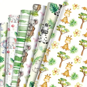 Birthday Party Decorations Supplies - 12 Sheets Cartoon Jungle Animal Wrapping Paper with Cute Giraffe, Zebra, Elephant, Lion, Monkey in Macaron Colors for Kids Gift Wrap