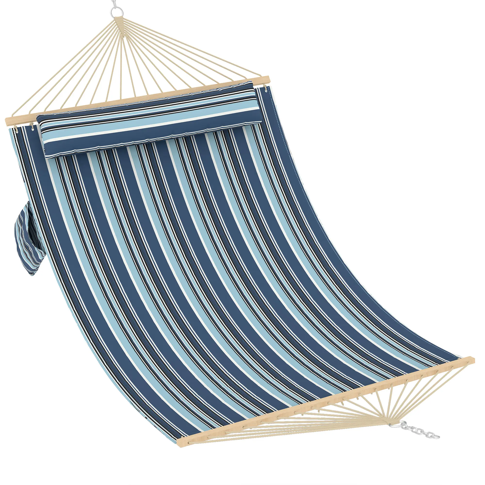 Heavy-Duty Double Hammock with Quilted Cushion, Full-Length Pad, Hardwood Bars, Roll-Up Pillow, Weather-Resistant for Outdoor Patio, Garden Use