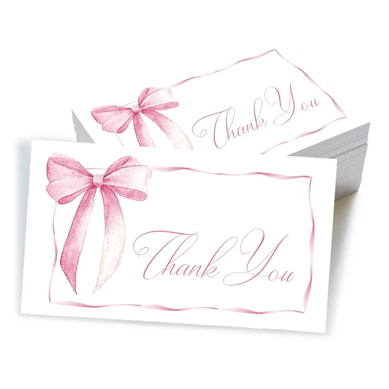 50pcs White Thank You Cards Bulk Featuring Pink Bows, Gift-Wrapping Thank You Cards, Business Decorative Cards, Office Stationery, Greeting Cards, Thanks Card
