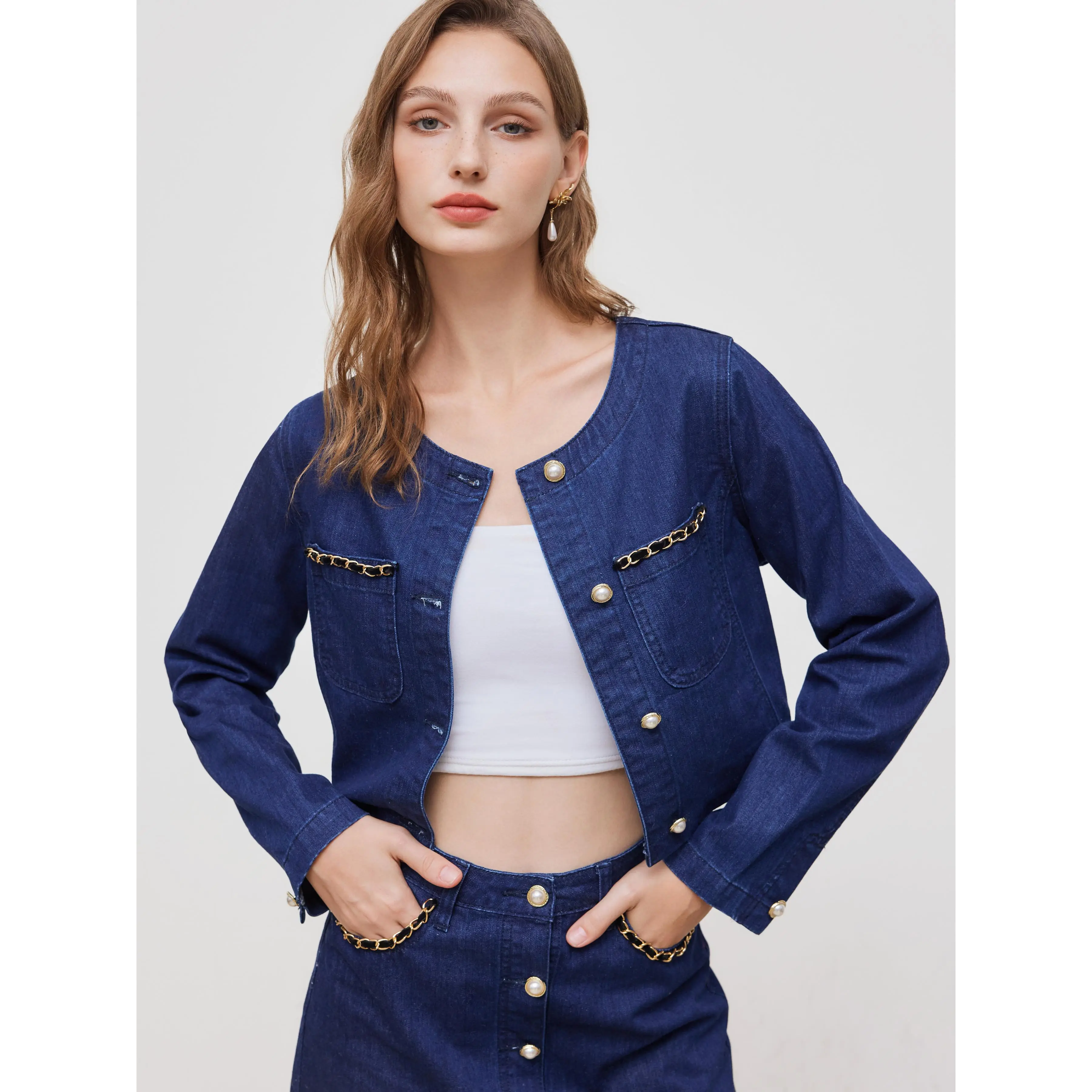 Cider [size 0-10] Denim Round Neckline Solid Pearl Chain Detail Crop Jacket SohoChic