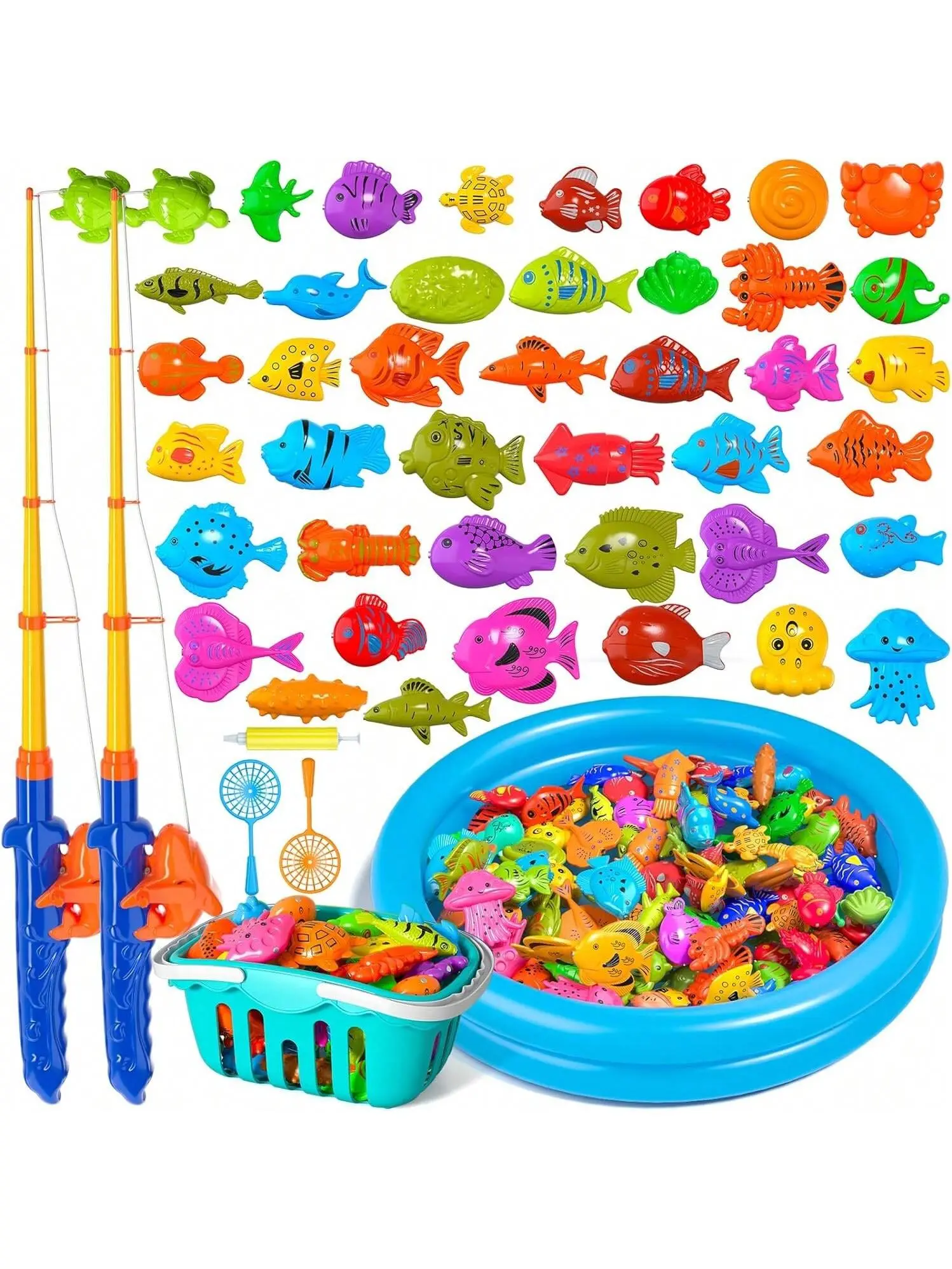 Summer Magnetic Fishing Toys for Kids, 49PCS Outdoor Pool Water Game with 2 Fishing Rods, 41 Sea Creatures, Inflatable Pool, Educational Toy for Toddlers 3-8, Birthday Gift