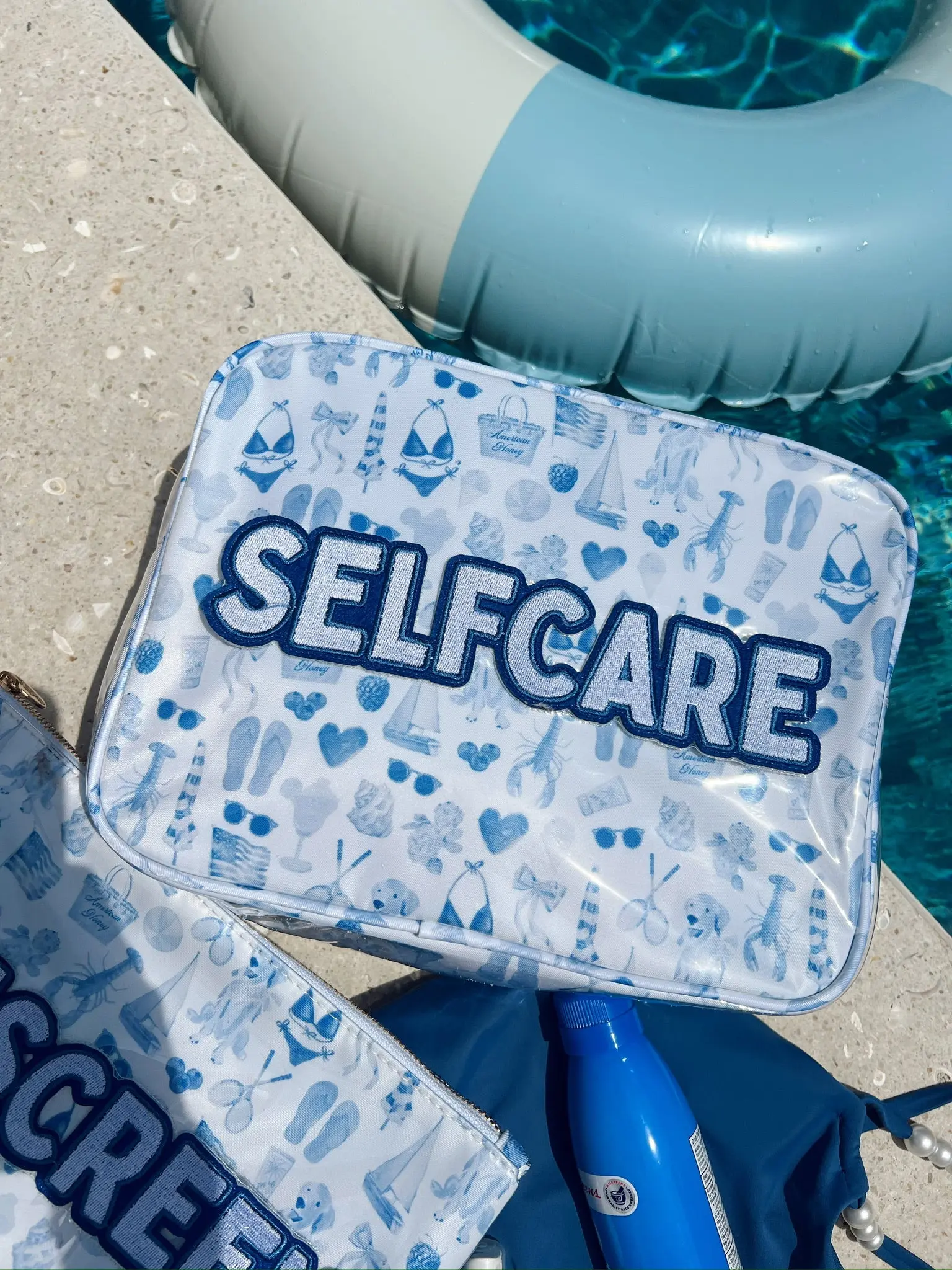 Selfcare XL Blue Americana Clear Coat Cosmetic Bag