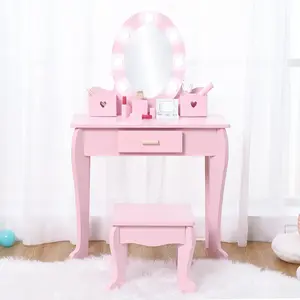 Kids Vanity with Mirror and Stool, Wooden Girls Vanity Playset, Toddler Makeup Desk, Pretend Dressing Table for Girls with Storage, Gift for Children Bedroom Decor