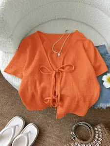 Textured Tie-Back Short Sleeve Cardigan, Summer French Style V Neck Short Sun Protection Outerwear Top, Boho Loose-Fitting Clothing