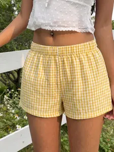 Women's Yellow White Gingham Elastic Waist Casual Shorts, Y2K Streetwear Vintage Gingham Loose A-Line Shorts, Summer Casual Breathable Gingham Bubble Shorts, For Daily Wear, Beach, Loungewear, Women's Retro Streetwear #springsaledeals2026 #summeroutfits #