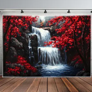Removable Polyester 2D Flat Nature Landscape Waterfall Red Maple Tapestry - 1PC Reusable Wall Hanging Decor for Bedroom, Birthday Party Backdrop