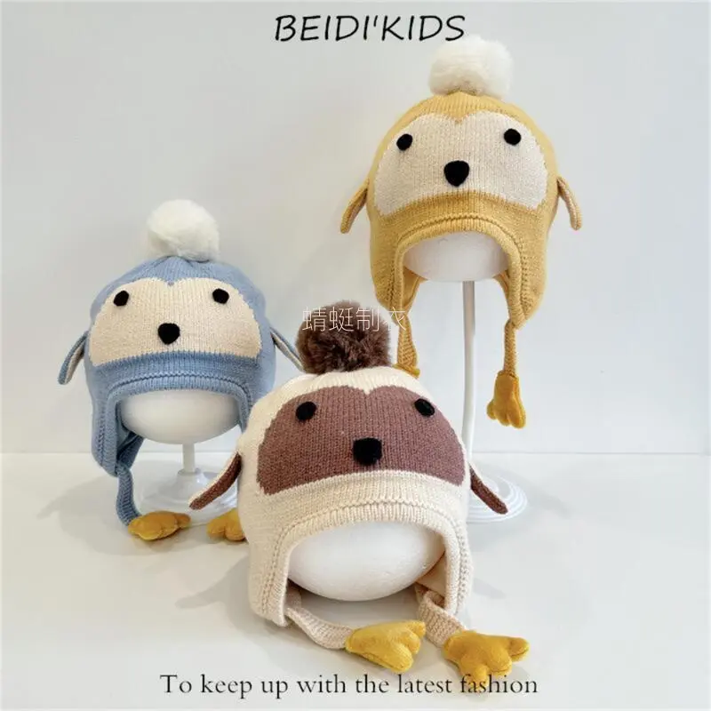 Children's Cute Knit Beanie with Penguin Animals Design, Warm & Casual for Fall, Winter, and Everyday Use with Stretch Elastic Band