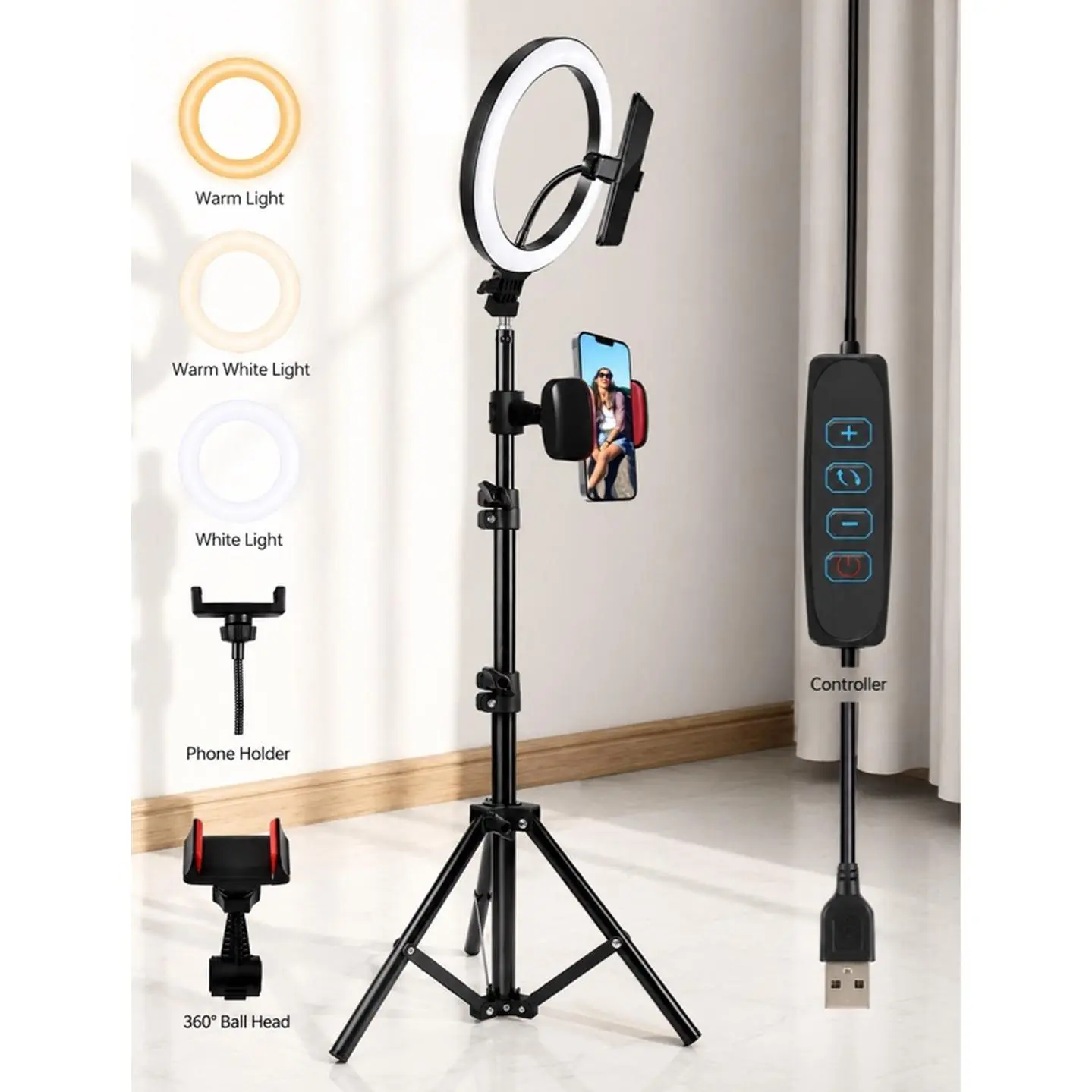 10-Inch LED Selfie Ring Light Set with 43-Inch Adjustable Tripod & Universal Phone Clamps for Makeup Halloween Livestreams Photography Video Recording Vlogging