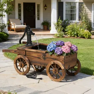 Outdoor water dispenser, wheeled water pump fountain planter, indoor and outdoor decorative planter for flowers, herbs and vegetables, wooden flower cart fountain for courtyards, gardens and balconies