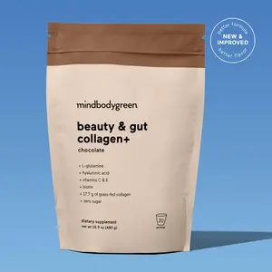 mindbodygreen Beauty & Gut Collagen+ Chocolate Dietary Supplement with L-Glutamine Hyaluronic Acid Vitamins C E Biotin 17.7g of Grass-Fed Collagen Zero Sugar