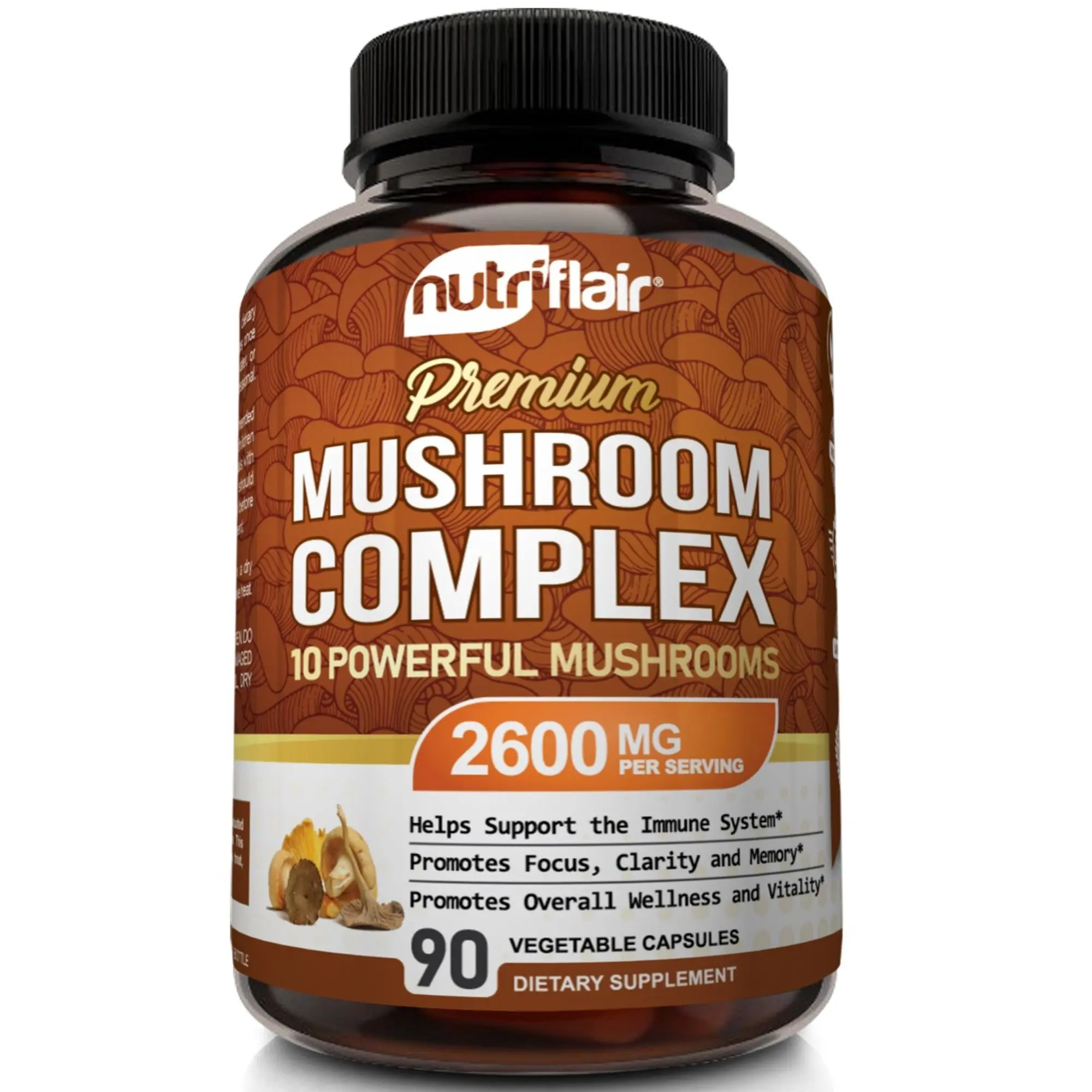 NutriFlair 10 Mushroom Complex Capsules Vitamins Supplements, Heart Health & Immune Support, Natural Dairy-Free Vegan-Friendly Dietary Wellness Supplement - 90 Capsules