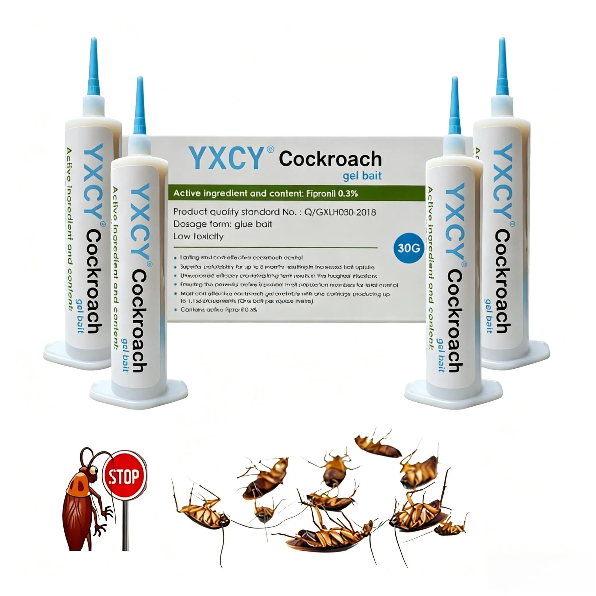 YXCY Cockroach Gel Bait, 4 Tubes x 30-Grams, 1 Plunger and 2 Tips, German Roach Insect Pest YXCY Control, Indoor and Outdoor Use, Roach Killer Gel for American, German and Other Major Cockroach Species