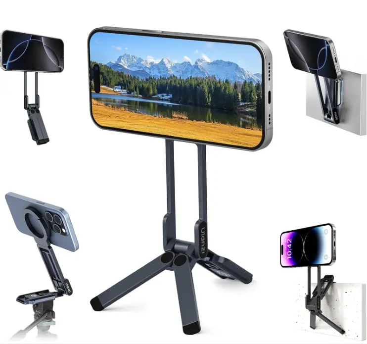 ULANZI Magnetic Phone Tripod for iPhone, MA38 Portable Phone Holder Mini Tripod for Magsafe with Double-Sided Strong Magnetic 1/4'' Arri Locating Hole Foldable Hook for iPhone 16 15 14 13 12