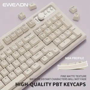 EWEADN V97 Wireless Gaming Keyboard BT/2.4GHz RGB Backlit Media Knob Curved Body Rechargeable Quiet for MAC Win PC Gamer Milky White