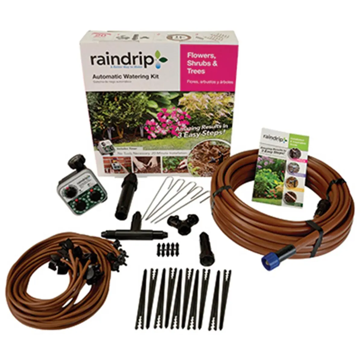Raindrip SDFSTH1P Drip Irrigation Kit for Flowers, Shrubs & Trees Watering, Includes 2 GPH Drippers, Garden Water Timers, 10 Pre-Assembled Feeder Lines, 4 L x 15 W x 15 H in, 4.75 lbs & Batteries to Automate Your System