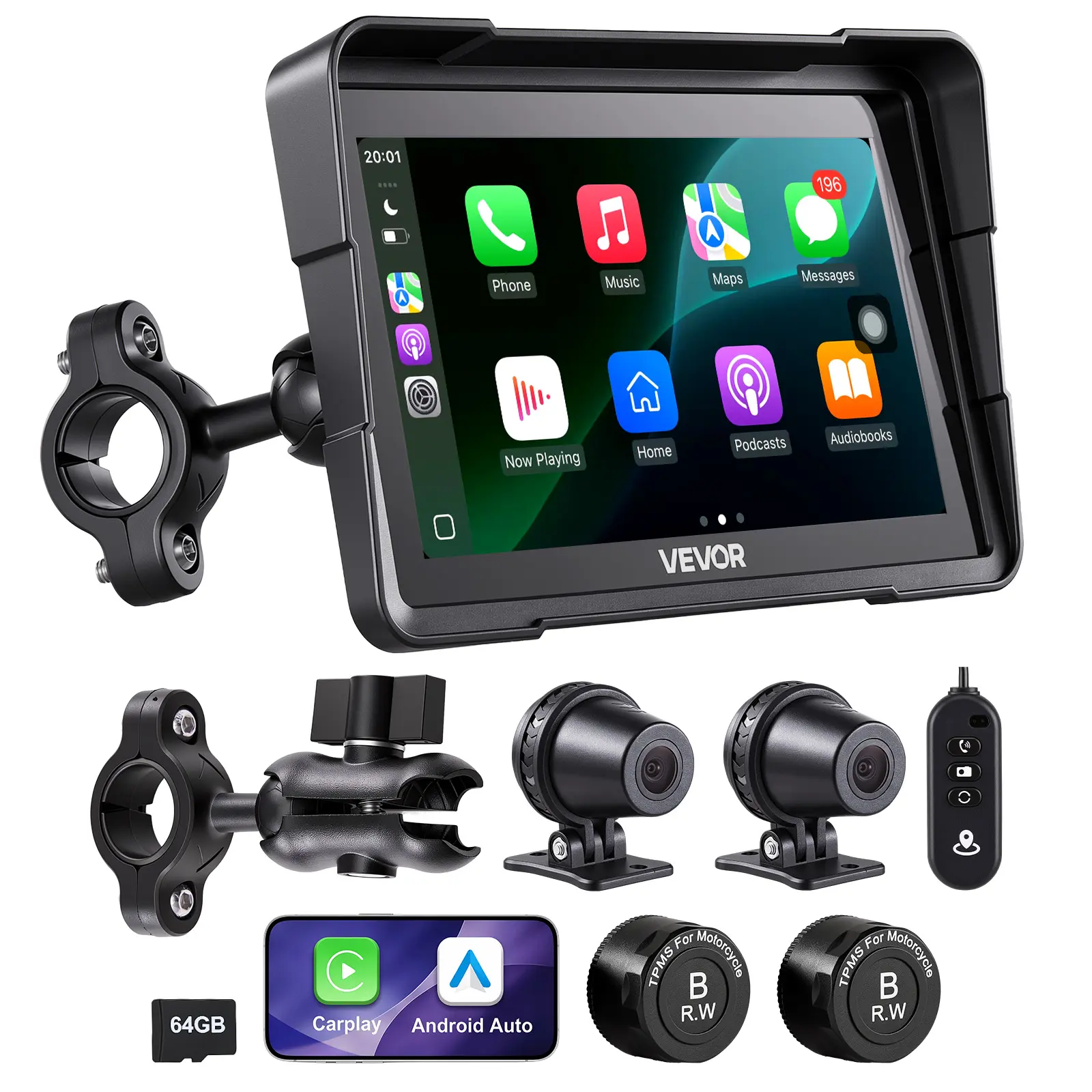 VEVOR 7 Inch Wireless Motorcycle Carplay with Apple Carplay & Android Auto, Dual Cameras & Bluetooth, TPMS, Voice Control, 64GB Card - Fits All Motorcycles