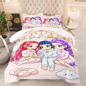 Kawaii K-Pop Anime Girls Pajama Party Comforter Set, Soft Breathable Pink Bedding, 1 Quilt + 1/2 Pillowcases, All-Season Chibi Sleepover Themed Quilt for Teens Bedroom, Dorm & K-Pop Room Decor, Twin/Full/Queen Size