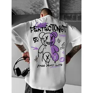 Unisex Vintage Graphic T - Shirt, White With Graffiti Bear “OPTIMISTIC PERFECTIONIST” Design, Oversize, 100% Cotton, Crew Neck, Summer Outfits, Machine Washable, Funny Graphic Tees, Streetwear Style