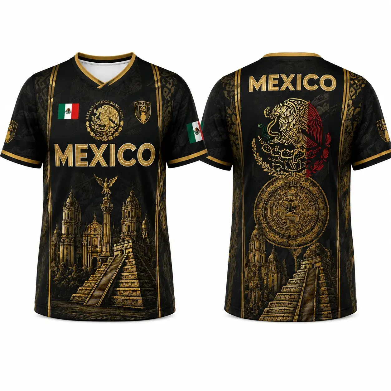 2026 Mexican Soccer Jersey for Men - Black Gold Aztec Eagle Chichén Itzá Pyramid V-Neck Football Shirt, Retro All Over Print Sports Top with Button, Mexico Jersey for Soccer Fashion, Pairs with Jeans, Shorts or Leggings (Baseball & Softball Compatible)
