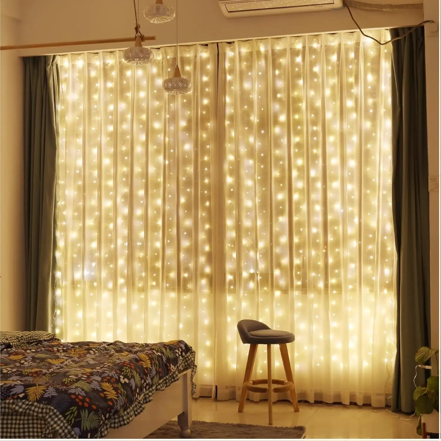[New deal] - 300 LED Curtain Fairy Lights with Remote, 8 Modes 9.8 × 9.8 Ft Curtain String Light USB Plug in, Twinkle Silver Wire Lights for Bedroom Window Chrismas Wedding Party, Warm White