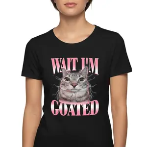 Funny Silly Cat Brainrot Wait I'm Goated Cat Meme Saying T-Shirt for Men Women Kids 100% Cotton Classic Fit Crew Neck Tee Summer Wear Womenswear Top Tshirt