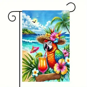1pc Double-Sided Tropical Parrot Garden Flag 12x18 Inch, Vibrant Beach Scene with Palm Trees & Blue Waters, Fade Resistant Polyester Outdoor Yard Decor for Summer Patio Porch, Cute Hawaiian Gift
