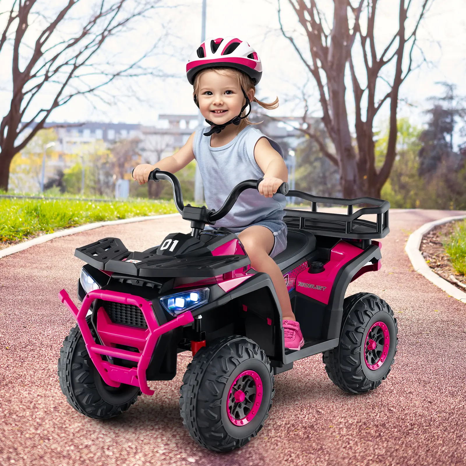 Costzon 24V Kids ATV, Toddler 4 Wheeler Toddler Quad with LED Lights, Rear Storage Rack | Spring Suspension & Wireless Connection, Soft Start, Ride on Car Toy for Boys Girls, Battery Powered Toddler Electric Quad
