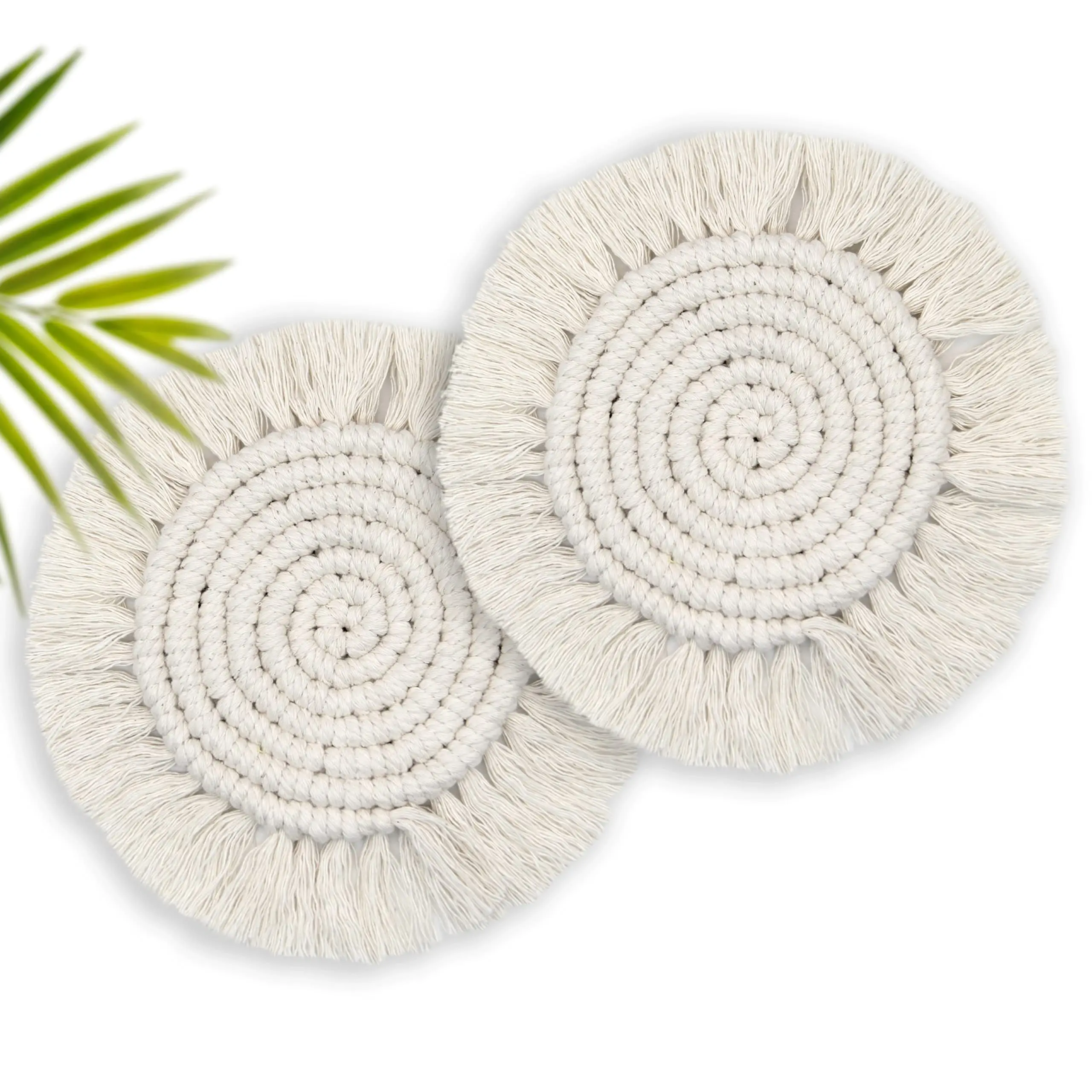 Boho Macrame Cotton Coasters - 2-Piece 7.4 in Beige Round Handmade Durable Absorbent Indoor Farmhouse Drink Coasters for Mugs/Cups/Desk, Home Decor Housewarming Gift (Prevents Heat Marks and Scratches)