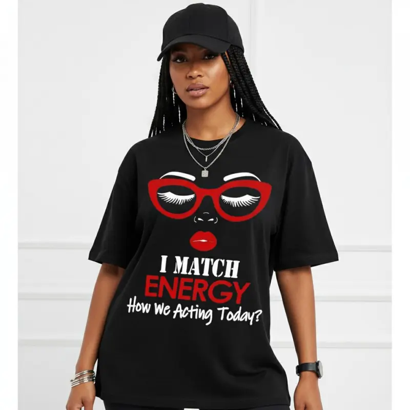 Plus Size Graphic Print Tshirt for Women, Casual "I Match Energy" Slogan with Round Neck and Short Sleeves in Stretch Fabric, Fitted Cut