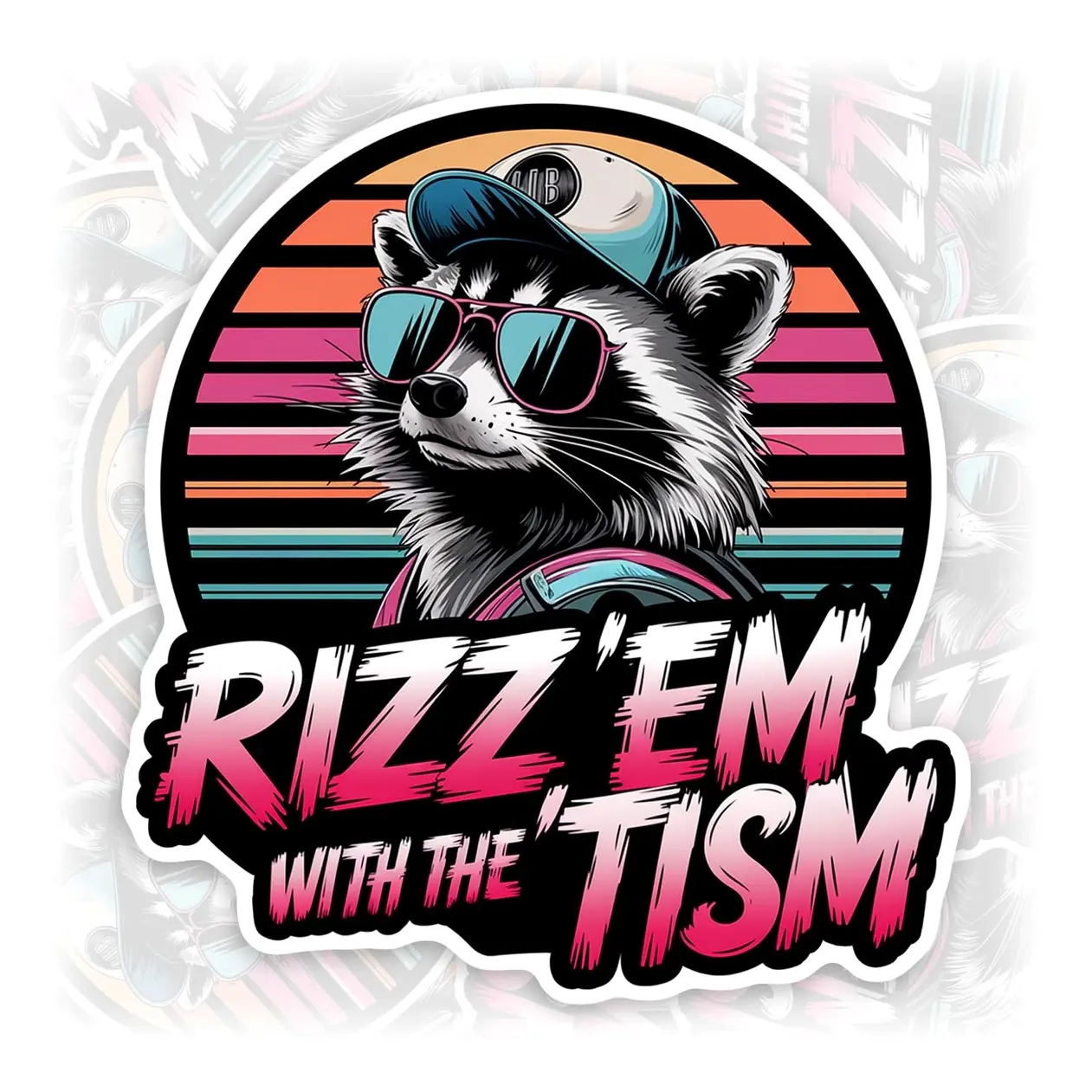 Funny "Riz ’Em with the ’Tism" Raccoon Sunset Vinyl Sticker - Waterproof Car Decals, Office Stationery Label for Car, Laptop CP8
