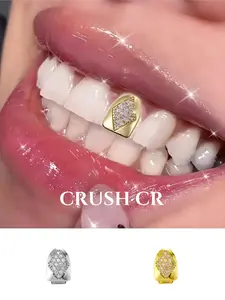 CRUSH CR Minimalist 18K Gold Plated Iced Out Diamond-Shaped Tooth Cap Grillz for Women, Teeth Cover Girls, Sleek Rhombus Design with CZ Accents, Hypoallergenic Removable Perfect for Daily Street Style Casual Hangouts Y2K Dental Jewelry