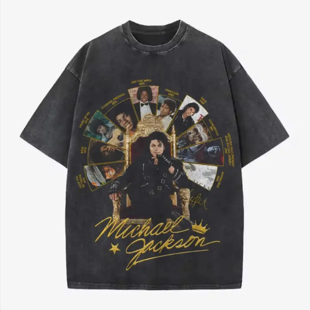 Michael Jackson Retro King of Pop T-Shirt, MJ Vintage Washed Graphic Tee, Michael Jackson Unisex Shirt, 90s Music Legend Tribute Tee, Oversized Streetwear for Fans, Michael Jackson Career Collage, King of Pop Washed Top