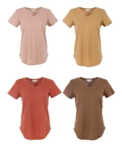 Urban Diction Slub Knit SEMI-SHEER Breathable Fabric Casual V-Neck Plain Curved Hem Tee Packs- Set of Four, Multiple Color Combination Comfort Womenswear Breathable