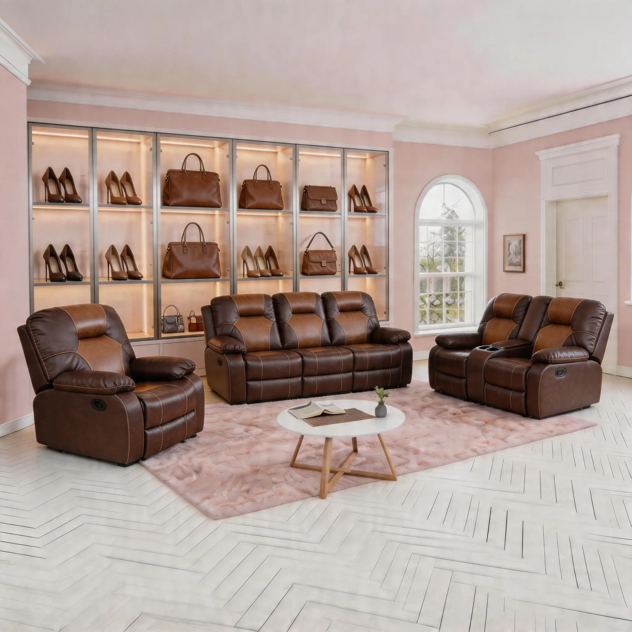 Luxury Extendable Brown Bonded Leather 3-Piece Recliner Sofa Set, Living Room Couch with Recliner Chair
