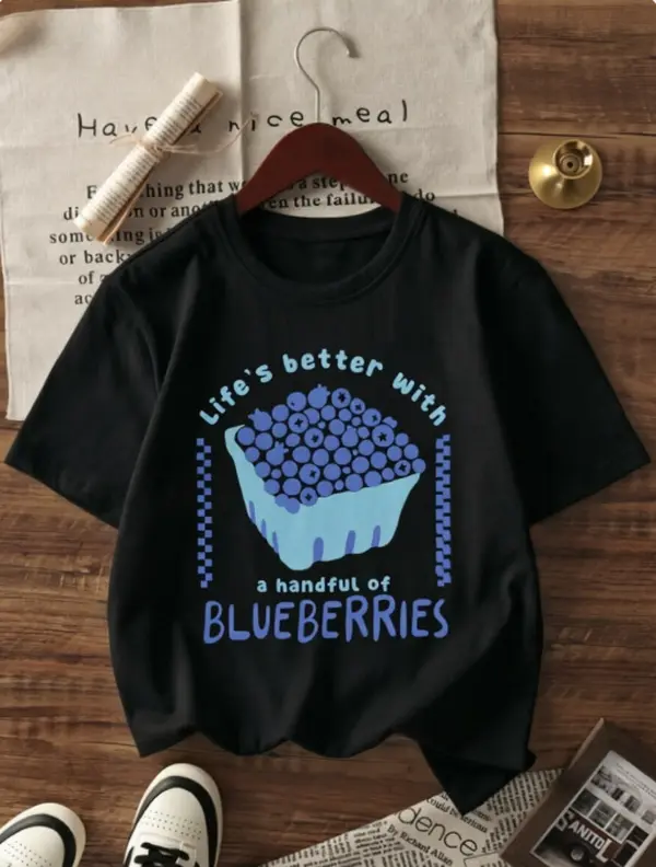 Life's Better With Blueberries Cartoon Fruit Graphic Womens Tee Picnic Outfit City Stroll Summer Cotton Short Sleeve Cute Berry Print Heat Transfer Tshirt