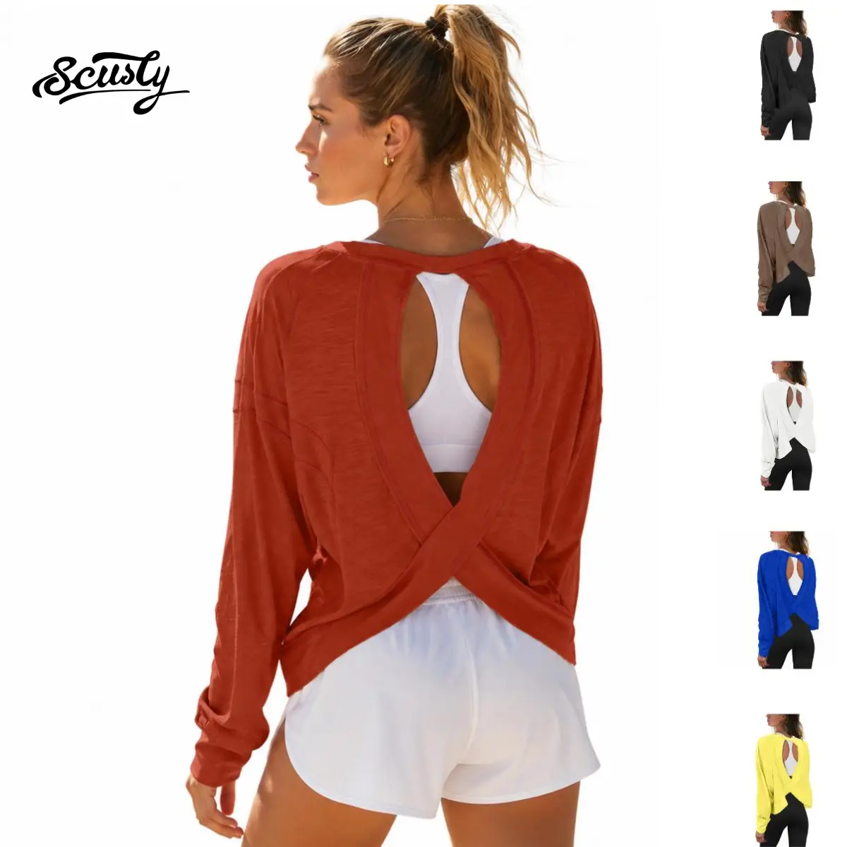 SCUSTY Womens Open Back Workout Top Long Sleeve Athletic Casual Crop Running Shirt